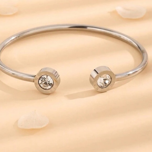 Luxury Roman Numerals Stainless Steel Cuff Inlaid Cubic Zirconia Bracelet - Picture 2 of 11